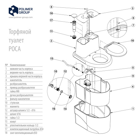 Торфяной биотуалет «РОСА» PREMIUM чёрного цвета взрыв схема