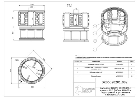 Чертеж колодца КН 780М/1000 с крышкой D 780 мм, с подготовкой к установке кабельных стоек